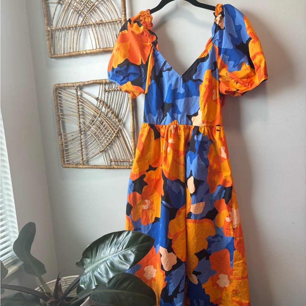 90’s Colorful Orange & Blue Backless Maxi Dress | Puff Sleeves | Size 6